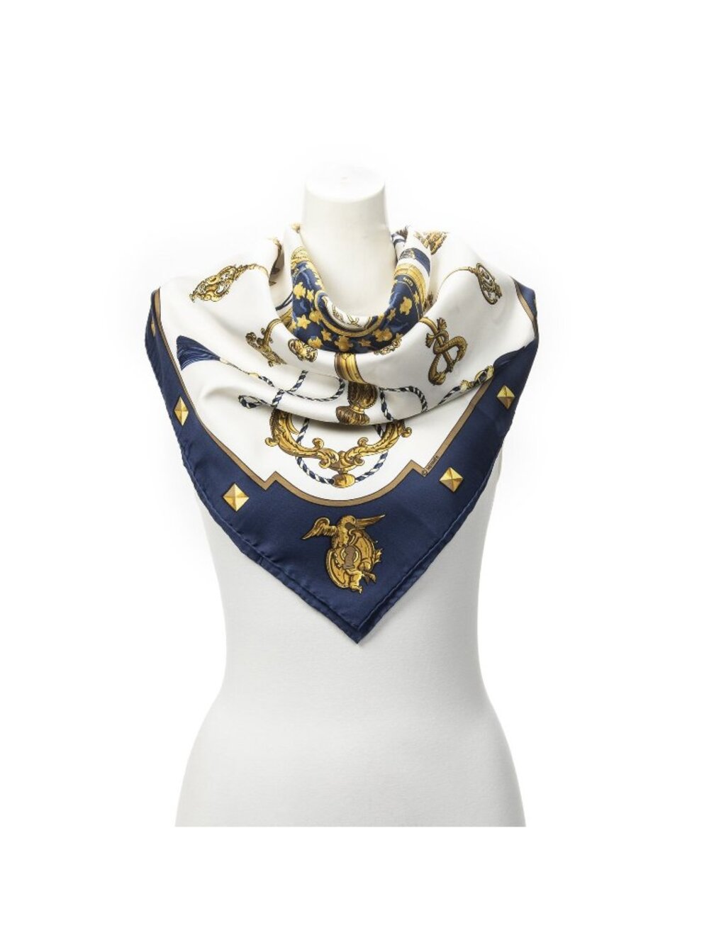Hermes Scarf Navy Gold White Twill Silk